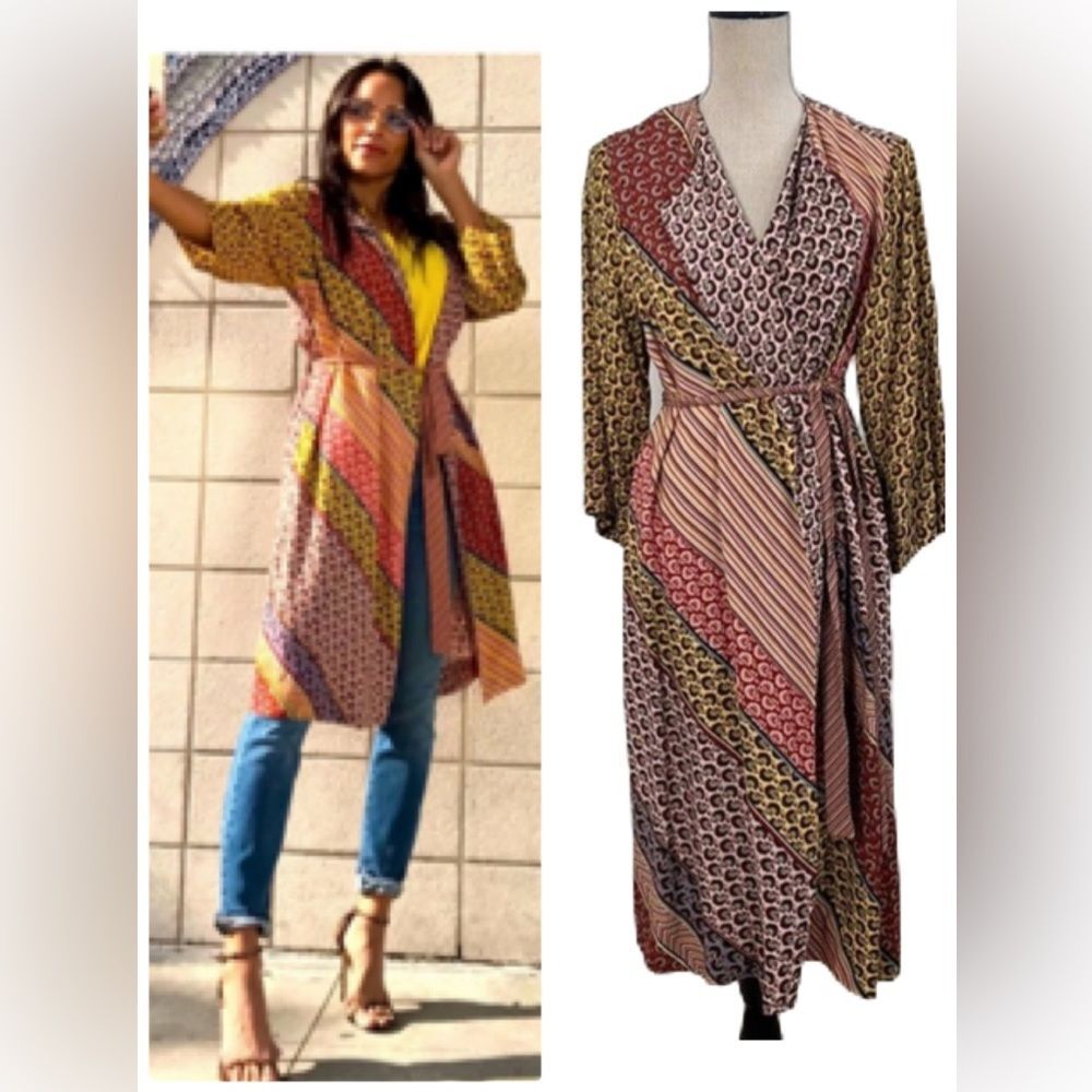 CAbi BoHo Kimono Jacket Pockets Mixed Media Patchwork Robe Floral Women Cardigan